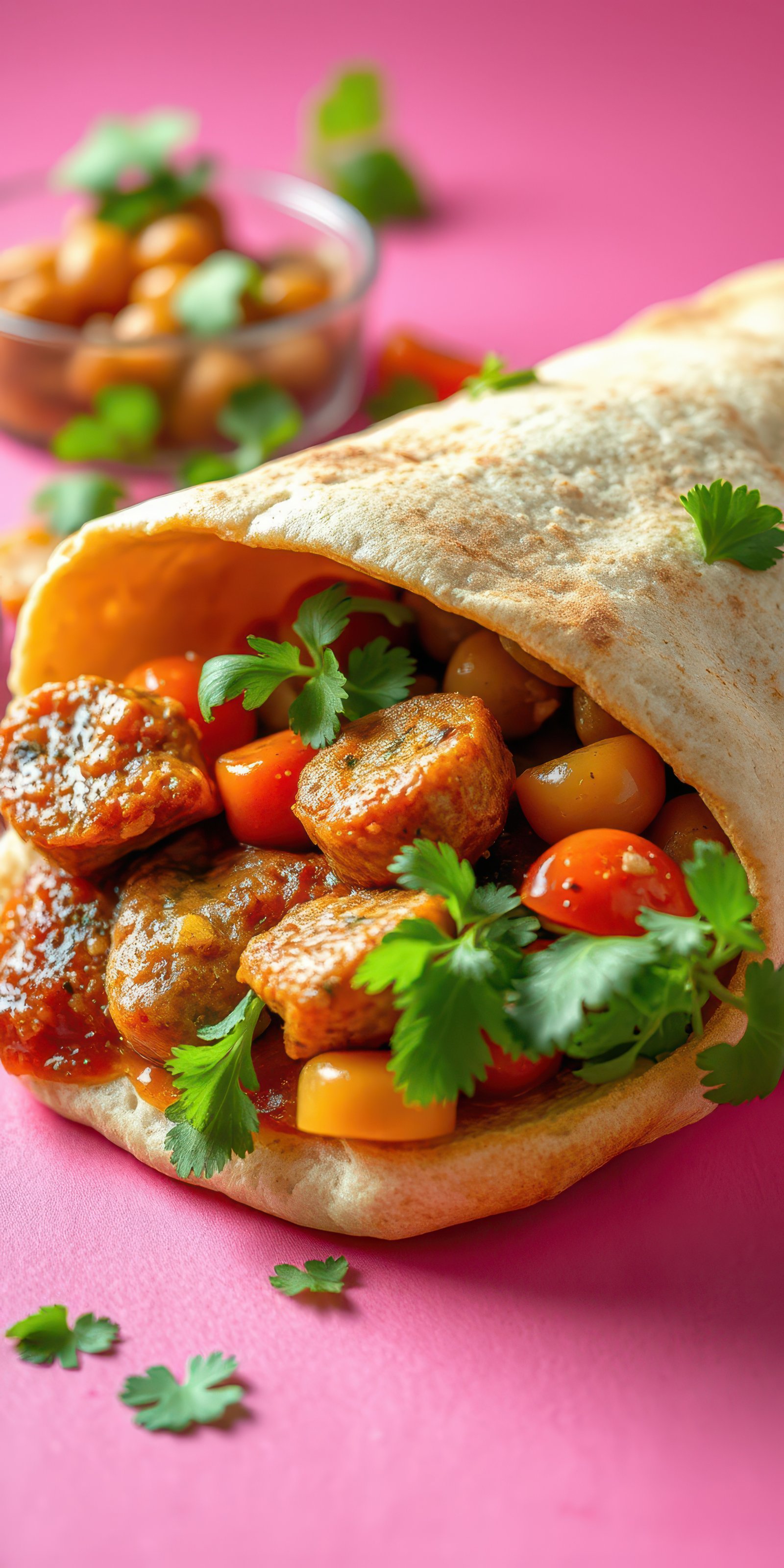 Delicious wrap filled with savory meat and colorful vegetables served against a vibrant pink backdrop